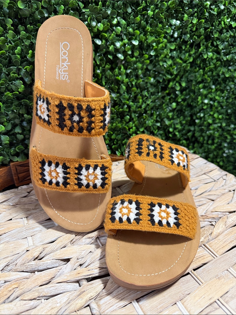 Corkys Women's Mustard Crochet Double-Strap Slide Sandals
